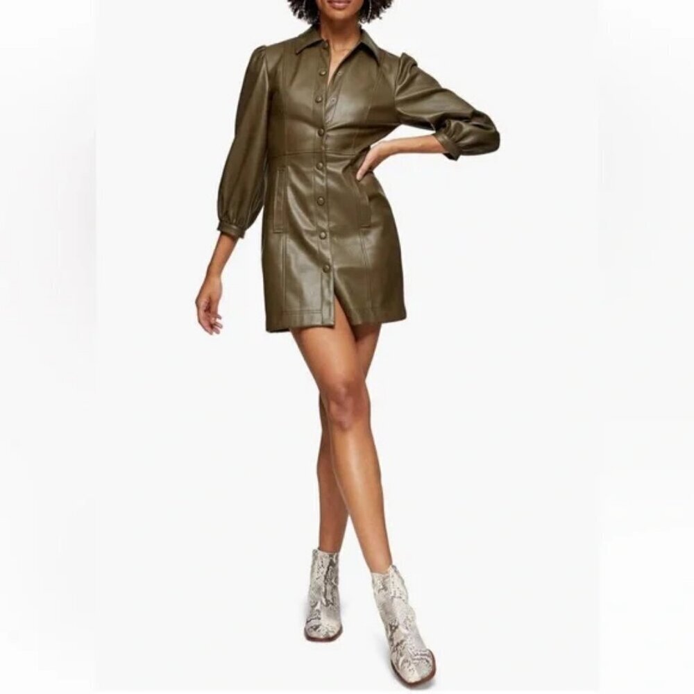 Topshop Faux Leather Olive Mini Shirtdress US 6